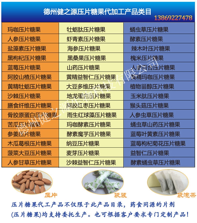 德州健之源蝦青素片產品詳情：  品名：壓片糖果 類別：食品SC 成分：工廠提供成熟配方或根據客戶要求定制調配 規格：多規格選擇，按要求定制加工 包裝：袋裝、瓶裝、工廠提供包裝設計或由客戶提供 單價：面議 靈活的合作方式：OEM、ODM、OBM（包工包料、來料加工、、來配方加工等）